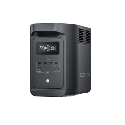 Vista frontal de la estación de energía portátil EcoFlow Delta E980 con pantalla digital y múltiples puertos USB.