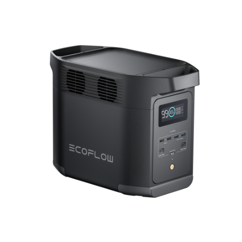 Vista lateral de la estación de energía portátil EcoFlow Delta E980 con pantalla digital y múltiples puertos USB.