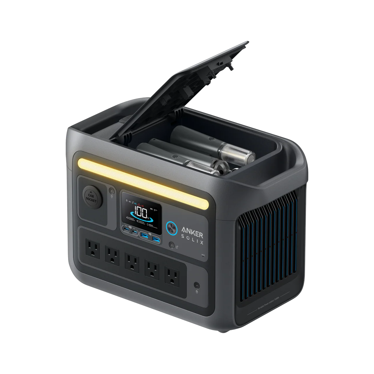 Estación de energía portátil Anker Solix C800 Plus, 768Wh, 1200W vista superior con tapa abierta