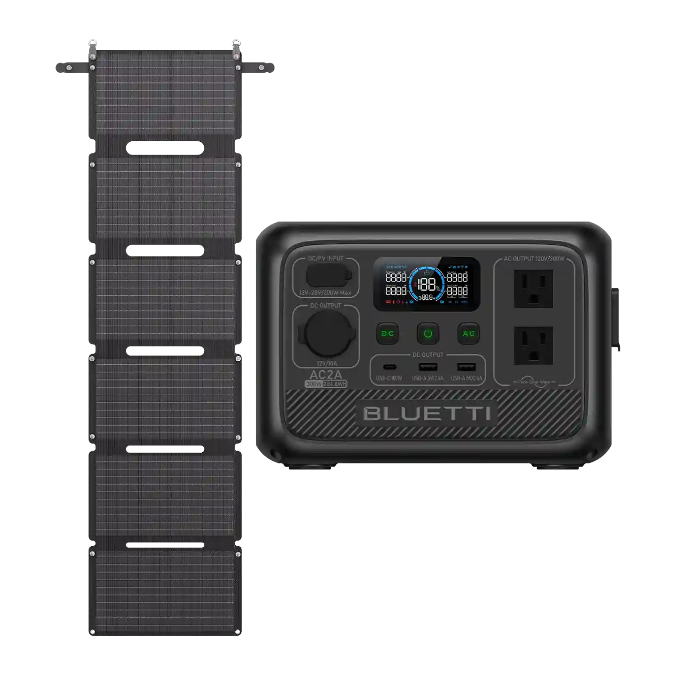 Estación de energía Bluetti AC2A 204.8Wh y 300W con panel solar plegable vertical de 200W para camping y respaldo en el hogar.