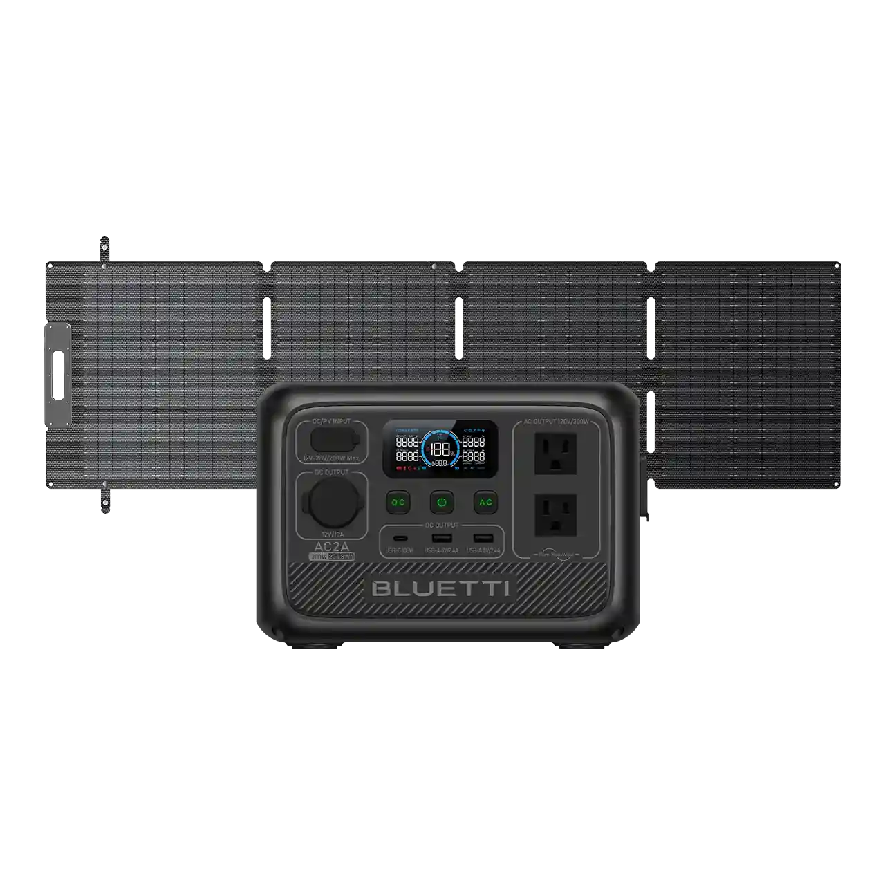 Estación de energía Bluetti AC2A de 204.8Wh y 300W con panel solar portátil, ideal para camping y respaldo en el hogar.