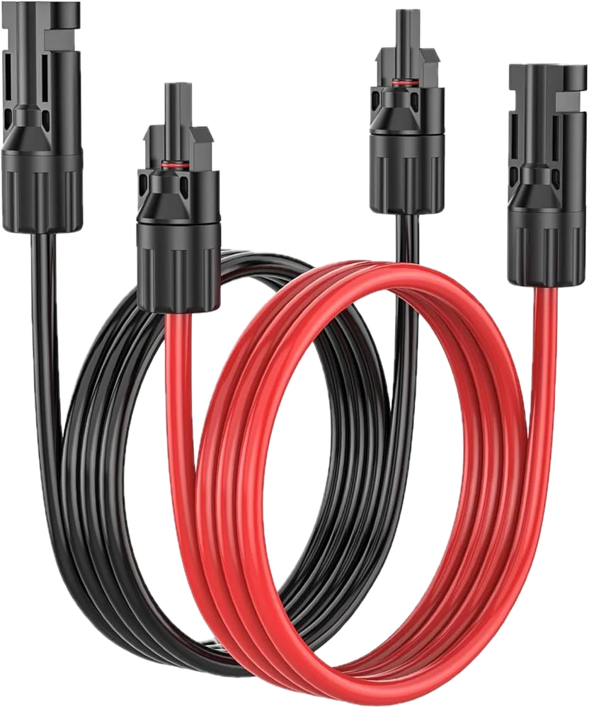 Cable extensor solar MC4 con conectores macho y hembra para paneles solares.