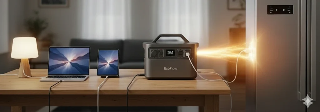 Estación de energía portátil EcoFlow alimentando refrigerador, laptops, lámpara y tablet en una sala moderna.