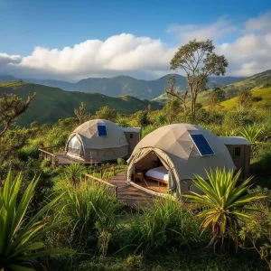 Domos de glamping con paneles solares en la naturaleza