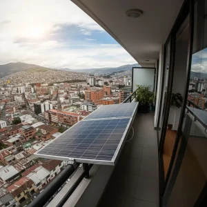 Panel solar instalado en el balcón de un departamento con vista a la ciudad.