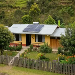 Casa en el campo con sistema de paneles solares en el techo