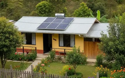 Casa en el campo con sistema de paneles solares en el techo